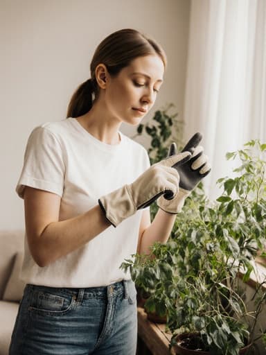 30대 백인 여성의 반신 촬영으로, 편안한 티셔츠와 청바지를 입고 가벼운 원예 장갑을 착용한 자연스러운 외모를 지니고 있습니다. 그녀는 고민하는 표정을 지으며 한 손으로 식물을 가리키고 다른 손은 인사하는 듯한 자세를 취하고 있으며, 밝고 아늑한 거실에 잘 자라고 있는 화분들이 배치되어 있습니다.