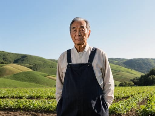 이 이미지는 60대 동양인 남성이 전통적인 농부의 작업복을 입고, 손을 주머니에 넣고 서 있는 모습입니다. 배경에는 넓은 농장 풍경이 펼쳐져 있으며, 자연광이 장면의 평화로운 분위기를 강조합니다.