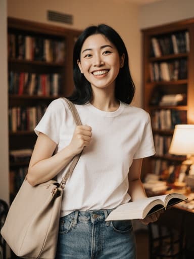 20대 아시아계 여성이 편안한 집안의 서재에서 캐주얼한 티셔츠와 청바지를 입고 서 있습니다. 그녀는 한 손에 책을 들고 어깨에 가방을 메고 있으며, 자연스럽고 활기찬 공부하는 모습을 보여줍니다. 따뜻한 조명과 책으로 가득 찬 아늑한 배경이 친근하고 긍정적인 분위기를 만듭니다.