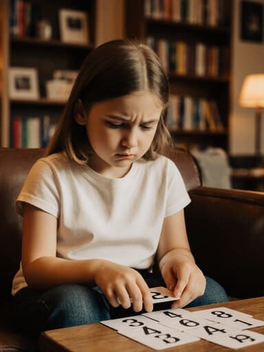 이미지는 아늑한 카페의 소파에 앉아 있는 7세 유럽계 소녀를 보여줍니다. 편안한 티셔츠와 청바지를 입고 있으며, 숫자 카드를 살펴보며 불안한 표정을 짓고 있습니다. 주변은 책장과 부드러운 조명이 있는 따뜻하고 초대하는 분위기로 가득 차 있습니다.