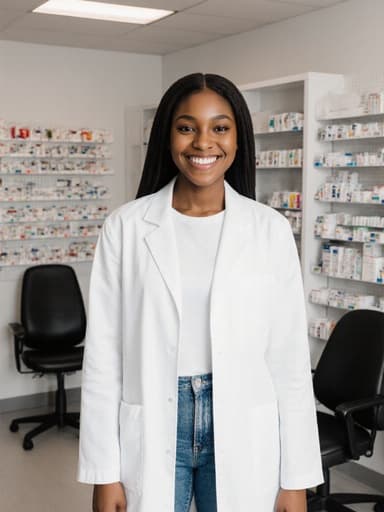 자신감 넘치는 흑인 10대 후반 여성 약사가 깔끔한 약사 가운을 입고 약국 카운터에 기대어 밝게 미소짓고 있으며, 정돈된 약품과 상담용 의자가 있는 현대적인 약국 사무실에서 포착된 모습입니다.
