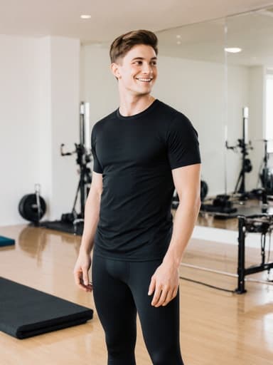 이미지는 건강하고 활기찬 10대 초반의 백인 남성이 반신 샷으로 나타나며, 타이트한 운동 티셔츠와 레깅스를 착용하고 있습니다. 그는 편안한 자세로 필라테스 매트를 바라보며 자신감 넘치는 미소를 짓고 있습니다. 배경은 정돈된 운동 기구가 있는 밝고 깨끗한 운동실로, 활기차고 긍정적인 분위기를 자아내고 있습니다.