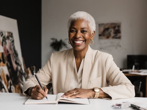 50대 아프리카계 여성의 반신 샷으로, 현대적인 디자인 스튜디오에 앉아 있습니다. 그녀는 손에 스케치북을 들고 따뜻하게 미소 지으며, 편안하고 세련된 의상을 입고 있습니다. 스튜디오의 현대적인 인테리어는 창의성과 영감의 분위기를 더욱 강조합니다.