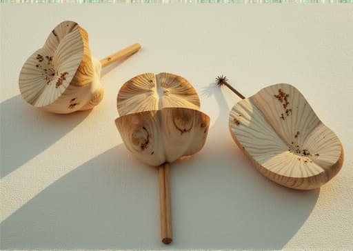 세 개의 아름답게 제작된 나무 조각이 깨끗한 흰색 표면 위에 우아하게 전시되어 있으며, 각기 다른 형태와 자연스러운 나무의 결이 강조됩니다. 부드러운 조명이 나무의 질감을 부각시켜, 각 조각의 장인정신에 시선을 끄는 차분하고 평화로운 분위기를 만들어냅니다.