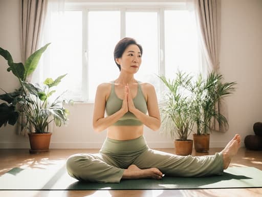 50대 한국인 여성이 밝은 색상의 요가복을 착용하고 요가 매트 위에서 운동하는 반신 사진으로, 아늑한 스튜디오에서 자연광과 식물로 가득 차 있으며, 평온함과 자신감을 발산하고 있습니다.