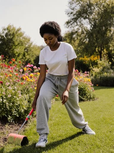 10대 후반의 아프리카계 여성의 전신샷이 편안한 운동복을 입고 청소 도구를 들고 스트레칭하는 모습이 푸르른 정원에서 담겨 있습니다. 이 장면은 그녀가 수행하는 작업에 대한 집중과 그를 둘러싼 자연의 아름다움이 조화를 이루고 있습니다.