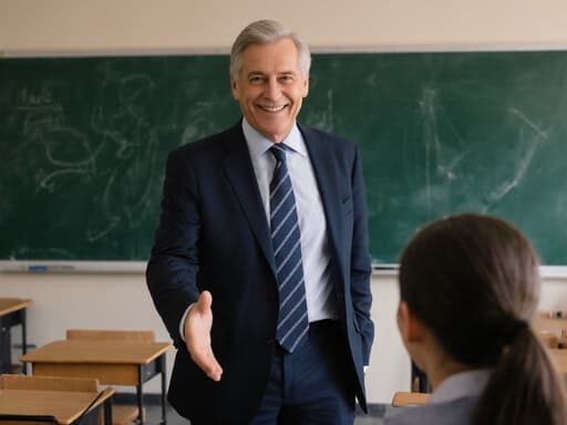 50대 유럽계 남성이 정장과 깔끔한 넥타이를 착용하고 학습실에 서 있습니다. 그는 따뜻한 미소로 학생을 맞이하며, 멘토로서의 역할을 잘 보여주는 긍정적이고 초대하는 분위기를 만들어냅니다.