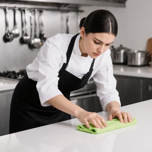 20대의 유럽계 여성 모델이 흰색 조리복과 검정색 앞치마를 착용한 채 반신 촬영을 하고 있습니다. 그녀는 자연스럽고 건강한 외모를 지니며, 청소 도구로 주방 조리대를 닦고 있는 모습에서 긴장한 표정을 짓고 있습니다. 배경은 깔끔하게 정돈된 주방 공간으로, 조리대와 다양한 주방 기구들이 잘 보이도록 배치되어 있어 전문적이고 매력적인 분위기를 자아냅니다.