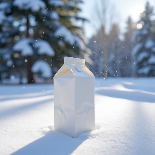 중앙에 배치된 우유 팩, 현실적인 종이 질감, 미세한 주름, 자연스러운 겨울 조명, 부드럽게 내리는 눈송이, 부드러운 그림자, 흐릿한 눈 덮인 나무 배경, 고요하고 평화로운 분위기.