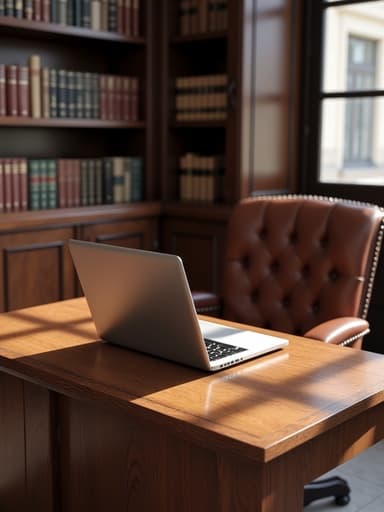 고급스러운 노트북이 클래식 도서관의 화려한 나무 테이블 위에 놓여 있으며, 고전적인 서가에 고전 서적이 가득 차 있고, 부드러운 조명이 학문적이고 따뜻한 분위기를 자아냅니다.