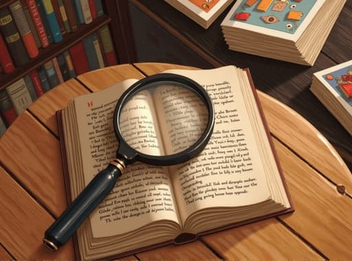 확대경이 아늑한 독서 공간의 나무 테이블 위에 펼쳐진 책 위에 놓여 있다. 따뜻한 빛이 페이지를 비추어 텍스트와 일러스트의 복잡함을 강조한다. 배경에는 다채로운 책으로 가득 찬 책장이 있어 독서와 탐구에 완벽한 초대하는 분위기를 만든다.