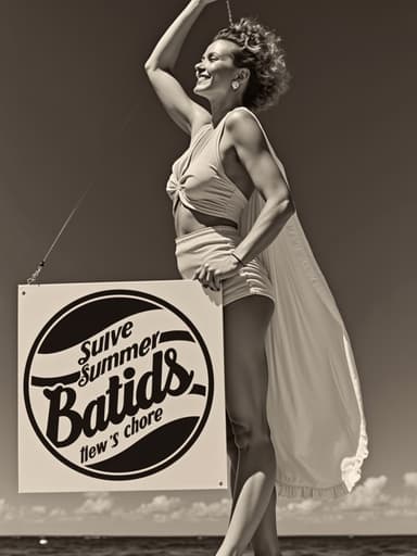 한 여성이 화려한 수영복을 입고 햇살이 가득한 해변에 서서 여름 세일을 알리는 팻말을 들고 있습니다. 부드러운 파도가 배경에서 밀려오고, 하늘은 맑은 파란색으로 가득 차 있어 즐겁고 초대하는 분위기를 자아냅니다.