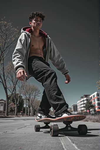 한 젊은 남자가 자신감 있게 스케이트보드를 타고 활기찬 도시 인도 위를 지나갑니다. 태양이 밝게 빛나며 바닥에 장난스러운 그림자를 드리웁니다. 나무들이 부드럽게 흔들리며 자유롭고 모험 가득한 분위기를 자아냅니다. 스케이트보드는 현대적인 디자인과 생동감 있는 색상으로 내구성과 스타일이 강조되어 있습니다.