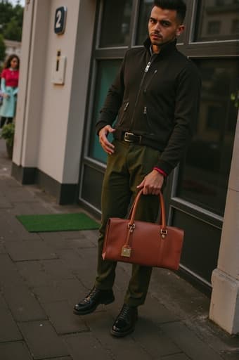 세련된 검은 재킷과 생동감 넘치는 초록색 바지를 입은 멋진 남자가 도시 거리에서 자신감 있게 서 있으며, 세련된 갈색 가방을 들고 있다. 배경에는 도시 건물과 녹지가 흐릿하게 보이며 현대적이고 활기찬 분위기를 자아낸다.
