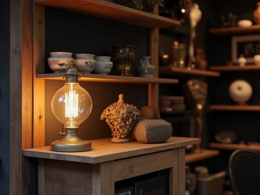 빈티지 앤티크 숍의 러스틱한 나무 선반 위에 있는 부드러운 빛의 무드등, 따뜻하고 초대하는 분위기.