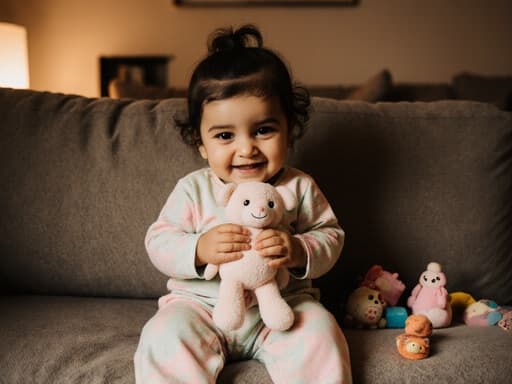 사랑스러운 미소를 짓고 편안하게 소파에 앉아 있는 1세의 중동계 여성 아이의 반신 사진. 부드러운 파스텔 색상의 잠옷을 입고 작은 인형을 안고 있는 모습이 아늑한 거실과 따뜻한 조명 속에서 장난감이 흩어져 있는 공간에서 포착되었습니다.