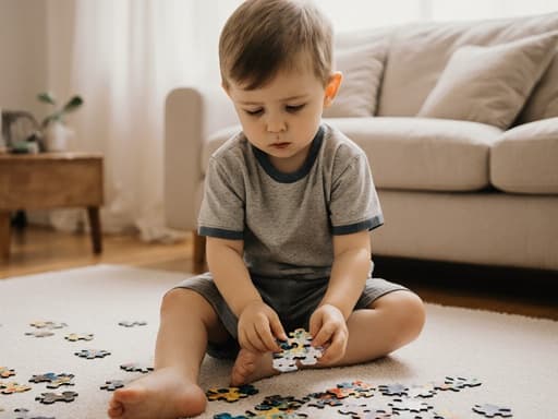 아늑한 거실에서 퍼즐 조각을 들고 불안한 표정을 짓고 집중하는 3세 유럽계 남자아이의 모습. 바닥에는 펼쳐진 퍼즐이 있어 따뜻한 분위기를 연출합니다.