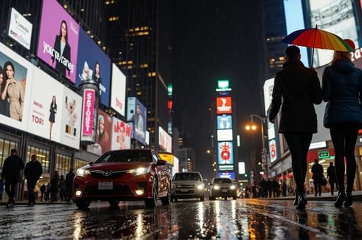 비가 오는 도시 거리의 활기찬 장면, 차들이 물웅덩이를 튀기며 지나가고 사람들이 화려한 우산을 쓰고 걷고 있다. 젖은 포장 도로는 도시의 불빛을 반사하여 생기 넘치는 분위기를 만들어내며, 스타일리시한 도시 우비와 우산, 방수 신발이 돋보인다.