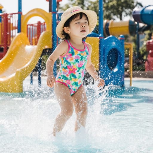 화사한 수영복과 모자를 착용한 귀여운 3세 한국인 여아의 반신 사진, 물놀이에 지쳐 약간 졸린 표정을 지으며 공원의 물놀이 시설에서 즐겁게 물을 튕기고 있는 모습.