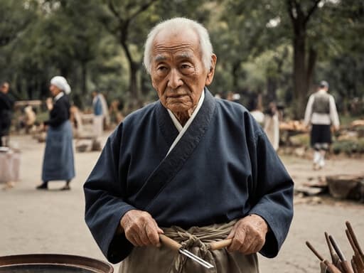 이 이미지는 전통 공예 작업복을 입고 도구를 들고 서 있는 80대 혼혈 남성 공예가를 보여줍니다. 그의 표정은 지루함을 전달하며, 주변의 예술적 환경과 대조를 이루며 조용한 공원 내부에서 촬영된 반신 사진입니다.