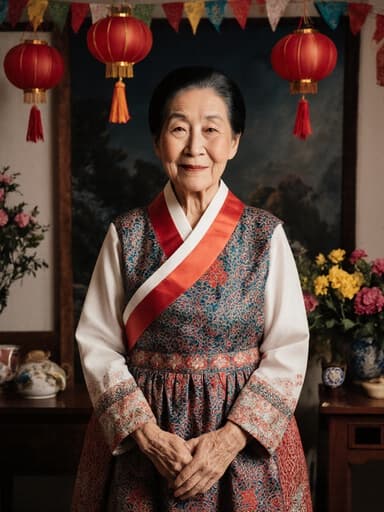 이 이미지는 전통 한복을 입고 서 있는 80대 백인 여성의 모습을 담고 있습니다. 그녀는 축제 장식으로 꾸며진 아름다운 거실에서 차분함과 따스함을 발산하며, 부드러운 미소를 지어 문화 유산을 반영하는 매력적인 분위기를 만들어냅니다.
