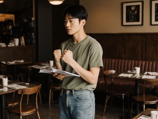 한 젊은 아시아계 남성이 아늑한 카페에서 한 손에 노트를 들고 발표를 준비하는 모습입니다. 그는 편안한 티셔츠와 청바지를 입고 트렌디한 스타일을 보여줍니다. 그의 표정은 결단력을 반영하며 약간 찡그린 얼굴과 쥔 주먹이 카페의 따뜻하고 매력적인 테이블과 의자 배경에 어우러집니다.