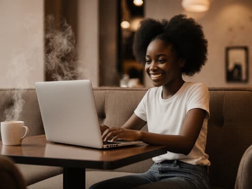 10대 초반 아프리카계 여성이 카페 테이블에 앉아 노트북으로 이메일을 작성하며 미소 짓고 있습니다. 그녀는 캐주얼한 티셔츠와 청바지를 입고 있으며, 앞에 따뜻하고 아늑한 커피 한 잔이 놓여 있어 편안하고 생산적인 분위기를 자아냅니다.