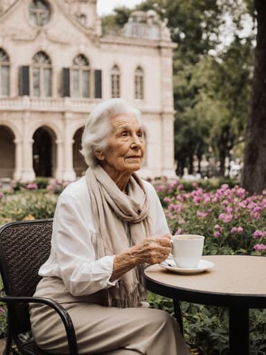 70대의 차분한 라틴계 여성이 편안한 블라우스와 바지, 가벼운 스카프를 착용하고 카페 테이블에 앉아 커피 잔을 손에 들고 있습니다. 그녀는 전통 건축물을 바라보며 생각에 잠긴 모습이며, 주변은 나무와 꽃이 있는 평화로운 공원으로 잔잔한 분위기를 자아냅니다.