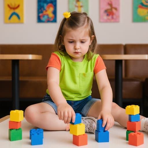 사랑스러운 3세 유럽계 소녀가 밝은 색상의 티셔츠와 반바지를 입고 아늑한 현대적인 카페에 앉아 있습니다. 지루한 표정을 지으며 앞에 놓인 다채로운 블록을 향해 팔을 뻗어 스트레칭하고 있어, 블록 쌓기를 잠시 쉬는 장면이 담겨 있습니다.