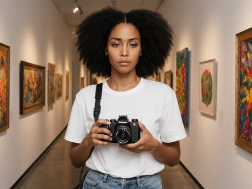 20대 혼혈 여성 모델이 캐주얼한 티셔츠와 청바지를 입고 아름다운 예술 작품들이 전시된 갤러리 내부를 걷고 있습니다. 그녀는 손에 카메라를 들고 있지만 불안한 표정을 짓고 있어 주변의 생동감 넘치는 환경과 강한 대조를 이루고 있습니다.