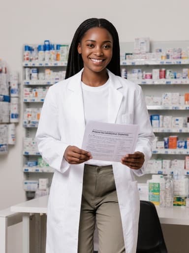 10대 초반의 자신감 있는 흑인 여성 모델이 의사 가운과 캐주얼한 티셔츠, 바지를 입고 약물 상호작용을 확인하기 위해 점프하며 서류를 들고 우아하게 미소짓고 있습니다. 배경은 약국 상담 공간으로 약품이 진열된 선반과 상담 테이블이 있어 전문적인 분위기를 자아냅니다.