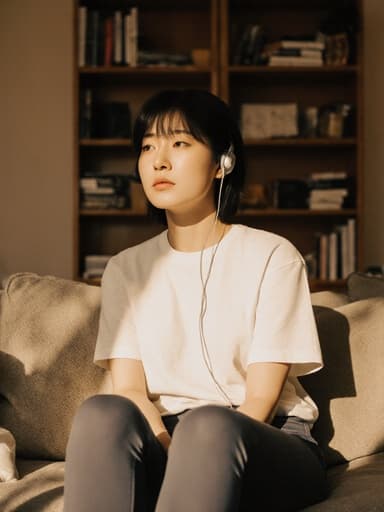20대 한국인 여성이 편안한 티셔츠와 레깅스를 입고 소파에 앉아 이어폰을 끼고 음악에 몰입하고 있는 모습입니다. 피곤한 표정은 아늑한 거실에서 책장과 음악 관련 소품들로 가득한 공간에서 편안한 순간을 나타냅니다.