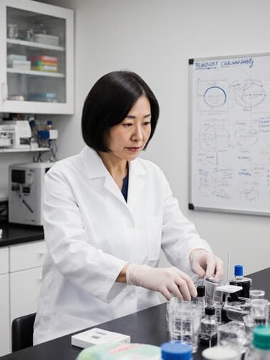 40대 아시아계 여성의 반신 촬영으로, 화이트 실험복과 장갑을 착용하고 실험 기구를 점검하는 모습이 현대적인 연구실에서 촬영되었습니다. 배경에는 최신 장비와 화이트보드가 보입니다.