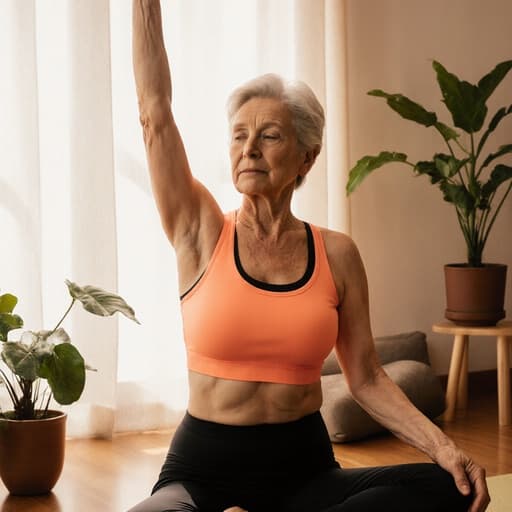 50대 유럽계 여성이 편안한 요가복을 입고 아늑한 명상실에서 촬영된 반신 사진. 부드러운 조명과 식물들이 배치되어 있고, 슬픈 표정으로 깊은 생각에 잠긴 모습이며, 한쪽 팔을 들어 요가 자세를 취하고 있어 차분하고 내성적인 분위기를 연출하고 있습니다.