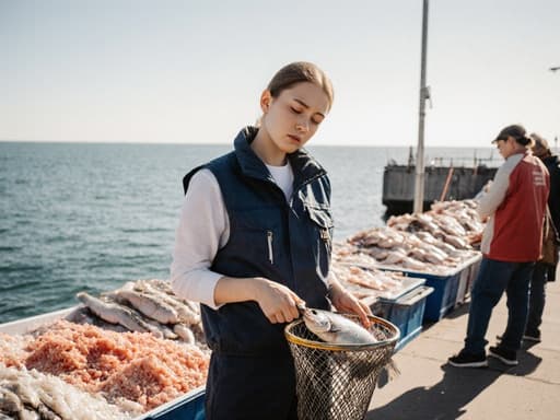 20대 백인 여성이 어부 스타일의 작업복과 방수 조끼를 입고 반신 촬영을 하며, 고개를 갸우뚱하고 지루한 표정을 지으면서 물고기가 담긴 그물을 들고 있습니다. 배경은 바다 근처의 부두에서 수산물이 정리되고 있는 모습입니다.