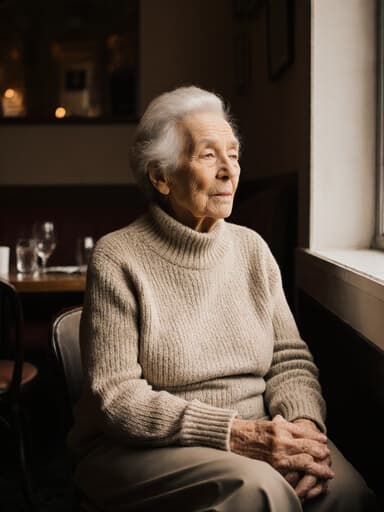 80대 백인 여성이 자연스러운 외모로 편안한 니트 스웨터와 따뜻한 바지를 입고 운동화를 신은 반신 촬영 모습입니다. 그녀는 외로운 표정을 지으며, 눈빛은 멀리 떠나 있는 듯한 느낌을 주고 있습니다. 손은 무릎에 올리고 숨을 고르는 명상 중인 자세로 앉아 있습니다. 배경은 아늑한 카페 내부로, 창가에 앉아 외부를 바라보며 초대하는 듯하면서도 내성적인 분위기를 자아냅니다.