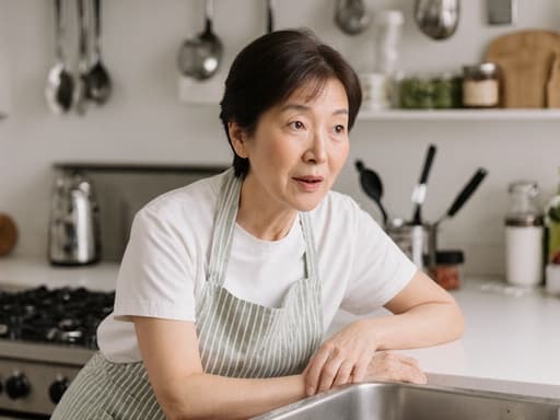 50대 아시아계 여성의 반신 사진으로, 자연스러운 외모와 놀란 표정을 짓고 있으며, 편안한 주방 작업복을 입고 정돈된 주방의 조리대에 기대어 있는 모습. 따뜻하고 아늑한 주방 분위기에서 촬영되었습니다.