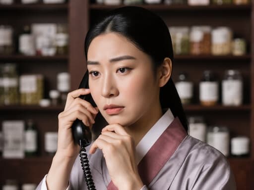 20대 아프리카계 여성 한의사가 전통 한복을 입고 반신 촬영된 모습입니다. 한 손에는 전화기를 들고 다른 손으로 턱을 괸 채로 스트레스를 받은 표정을 지으며 고민에 잠긴 모습이 담겨 있으며, 한약이 진열된 전통 한의원의 배경이 그녀의 전문성을 강조합니다.