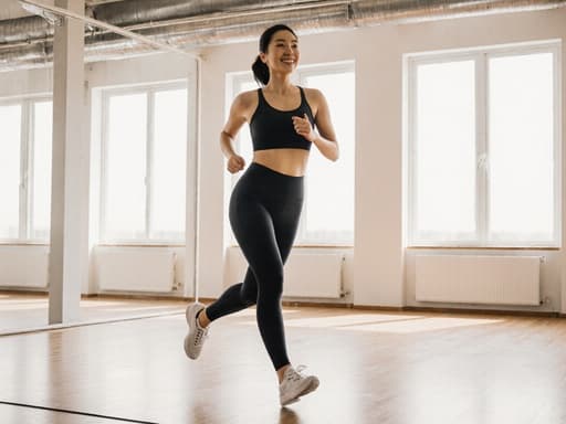 자연스러운 외모의 30대 아시아계 여성이 편안한 요가복과 운동화를 착용하고, 달리는 자세로 한쪽 발을 앞으로 내딛으며 자유롭고 활기찬 표정을 짓고 있는 반신 사진. 배경은 자연광이 들어오는 밝은 요가 스튜디오입니다.