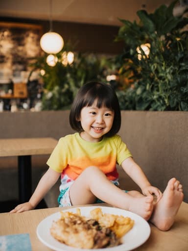 사랑스러운 3세 한국인 여아의 반신 사진으로, 화사한 티셔츠와 편안한 반바지를 입고 아늑한 카페에 앉아 있습니다. 밝고 사랑스러운 표정을 지으며 테이블 위의 식사를 바라보며 다리를 뻗고 앉아 있습니다. 따뜻한 조명과 다양한 식물로 꾸며진 카페의 분위기가 아늑하게 느껴집니다.