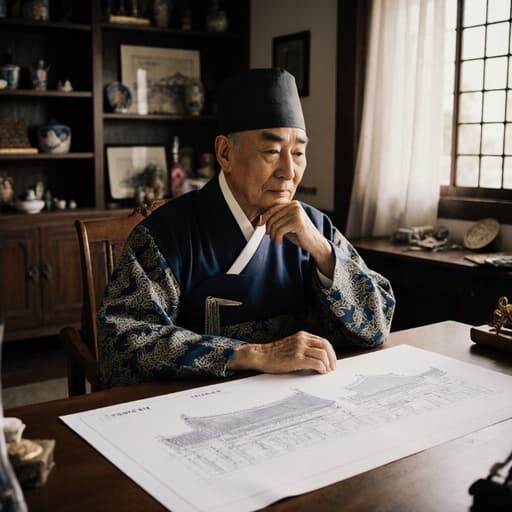 70대 혼혈 남성이 전통 한복을 입고 테이블에 앉아 외로운 표정으로 건축 도면을 감상하고 있는 전통 한국 거실의 모습, 고풍스러운 가구와 장식으로 꾸며져 있습니다.