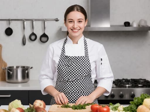 행복한 표정을 짓고 있는 10대 후반 유럽계 여성은 흰색 조리복과 체크무늬 앞치마를 착용하고 현대적인 조리대에 서 있으며, 재료를 기다리고 있습니다. 조리실은 다양한 조리 도구와 신선한 재료들이 잘 배치되어 있어 요리를 위한 따뜻하고 초대하는 분위기를 만들어냅니다.