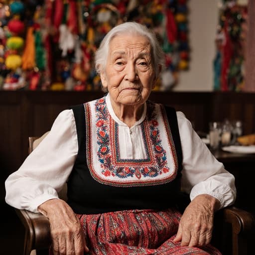 이 이미지는 전통 의상을 입고 축제 분위기로 장식된 카페에 앉아 있는 80세 유럽계 여성의 모습을 담고 있으며, 그녀의 자연스러운 아름다움과 약간의 불편함을 보여줍니다.