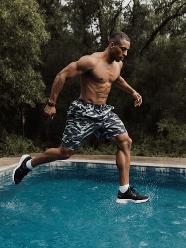 이 이미지는 30대 혼혈 남성이 스타일리시한 스포츠웨어와 수영복을 입고 평화로운 스파 풀로 점프하는 모습을 담고 있으며, 집중하는 표정이 아름다운 산 배경과 함께 어우러져 있습니다.