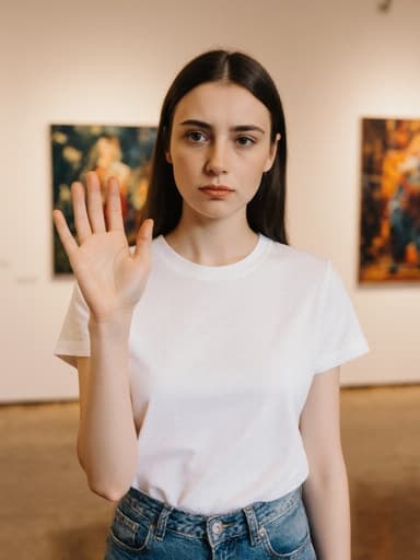 10대 초반의 유럽계 소녀가 캐주얼한 흰색 티셔츠와 청바지를 입고, 약간 짜증난 표정으로 한 손을 들어 인사하는 자세를 하고 있습니다. 그녀는 미술 작품이 전시된 갤러리 내부에 위치해 있어, 다채로운 예술 작품들이 배경을 이루며 그녀의 감정과 대비되는 활기찬 분위기를 만들어냅니다.