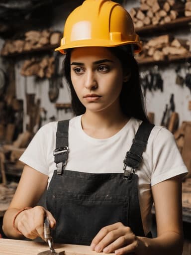 작업복과 안전모를 착용한 중동계 젊은 여성이 목재를 들고 도구를 사용하려는 모습이 잘 정돈된 작업실에서 그녀의 헌신을 보여줍니다. 걱정스러운 표정은 작업에 대한 집중을 반영합니다.