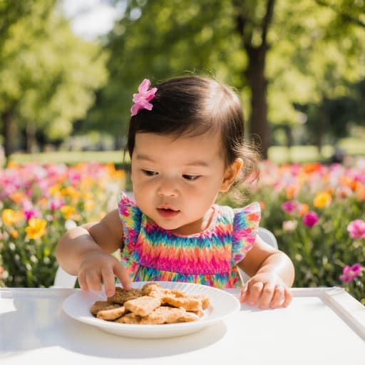 밝은 색상의 원피스와 레깅스를 입은 혼혈 여성 아기, 배고픈 표정으로 테이블 위의 과자를 향해 손을 뻗고 있는 모습이 햇살이 비추는 공원에서 나무와 꽃들로 둘러싸여 있습니다.