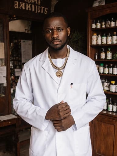 30대 아프리카계 남성이 전통적인 흰색 의사복을 입고 소매를 고쳐잡으며 실망한 표정을 짓고 있는 모습의 반신 사진. 전통적인 한방 치료실 내부에서 나무 가구와 약재가 진열된 선반으로 둘러싸여 있습니다.