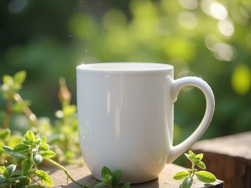 정원 식물에 아침 이슬이 맺힌 고요하고 상쾌한 분위기의 머그컵.