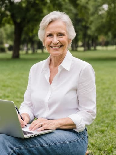 50대 백인 여성의 반신 사진으로, 편안한 블라우스와 청바지를 착용하고 있습니다. 그녀는 푸른 잔디와 나무가 어우러진 따뜻한 공원에서 편안하게 앉아 있으며, 무릎에 놓인 작은 노트북에 글을 쓰고 있습니다. 자연스러운 미소를 지으며 편안함과 만족감을 드러내고 있습니다.